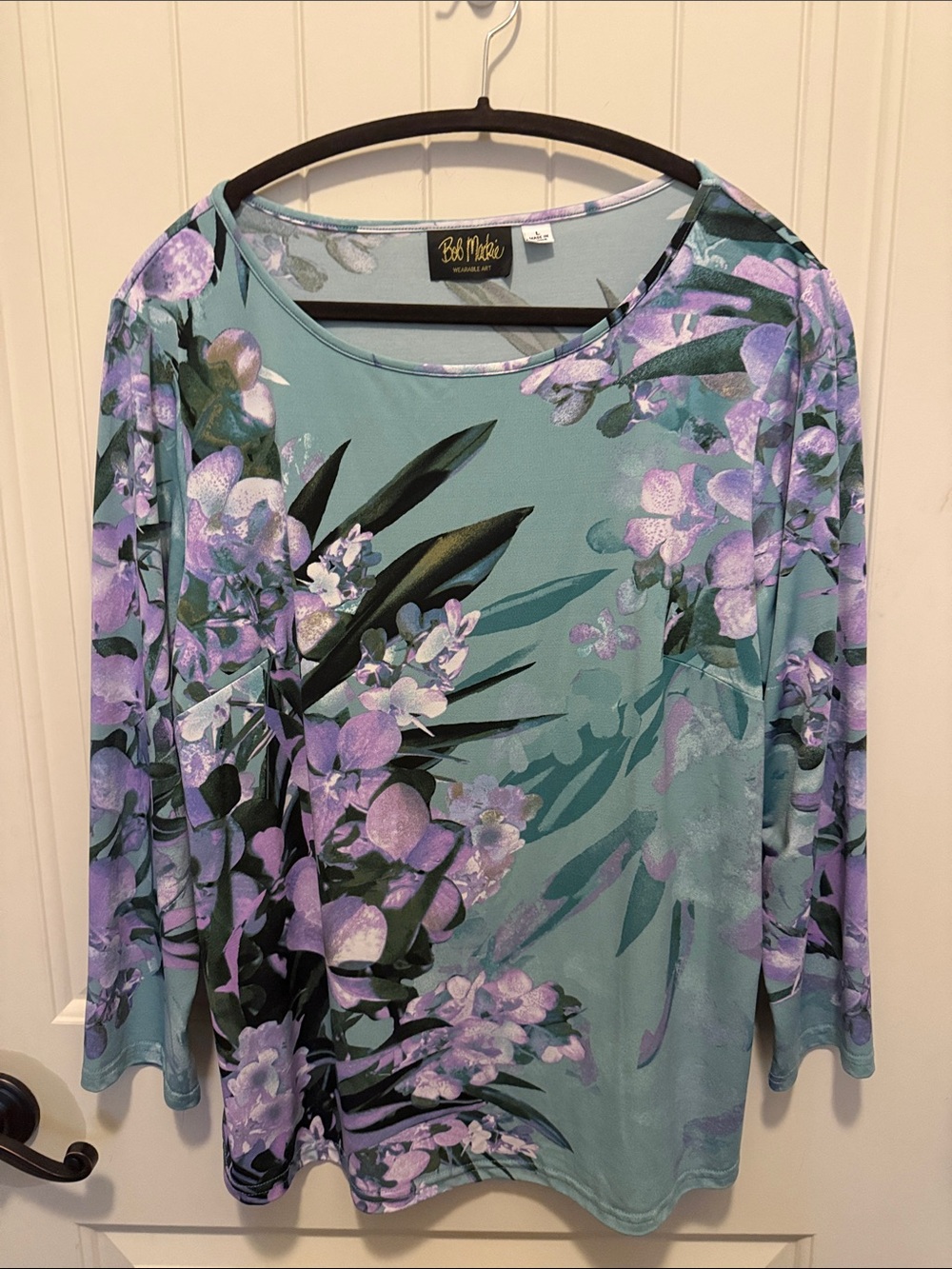 Bob Mackie Aqua and Lavender Floral Scoop Neck Long Sleeve Top